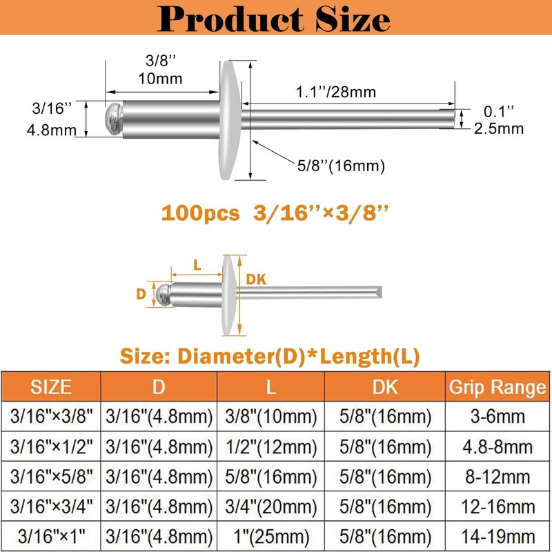 Sunxeke 100pcs Aluminum Large Flange Blind Rivets, 3/16 x 3/8 inch, Flange Diameter 5/8 inch(16 mm), Pop Rivets Assortment Kit Blind Rivet by Bolt Dropper, Grip Range(3-6mm) - Image 2